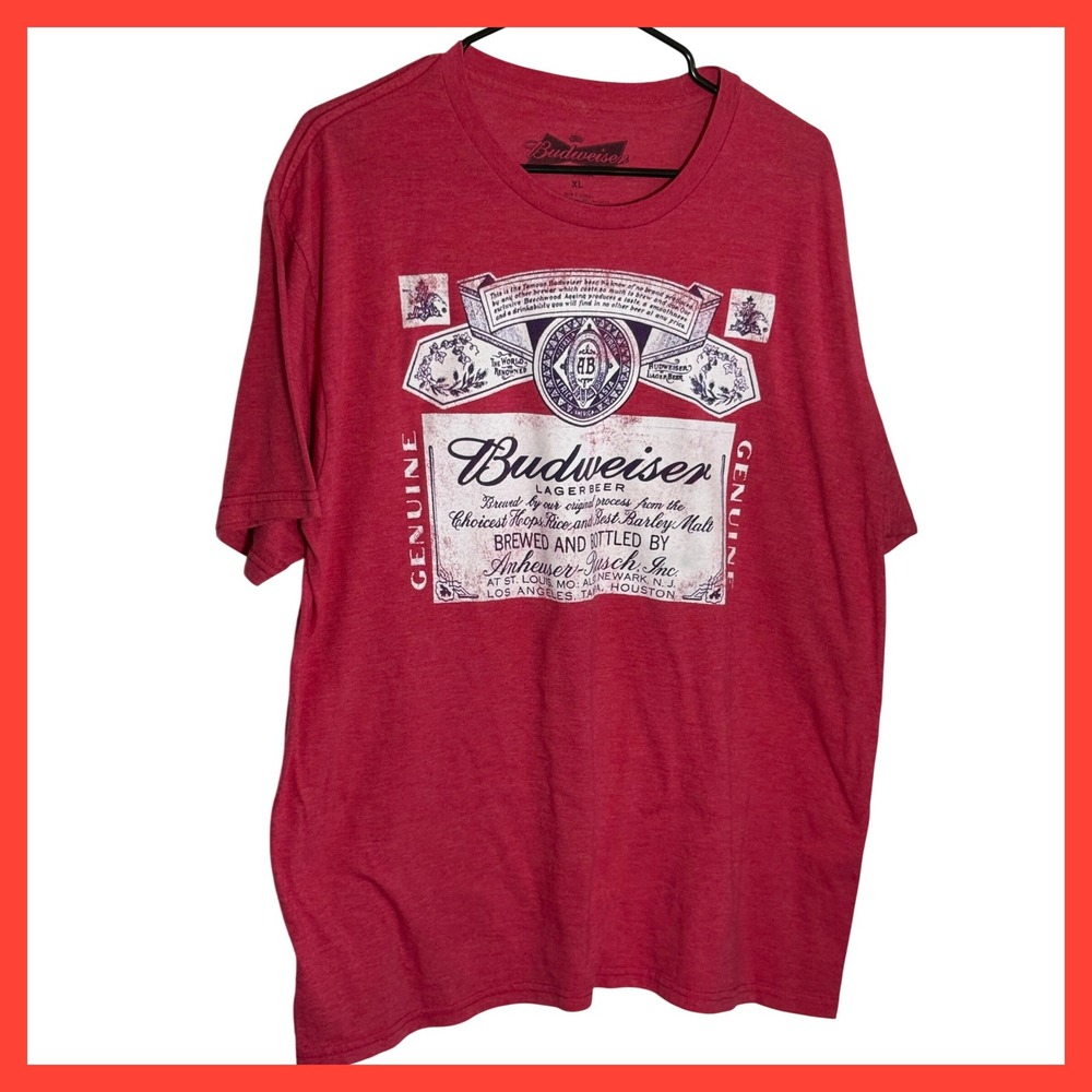 Budweiser King of Beers Graphic T-Shirt XL Heather Red Vintage Label Logo Tee